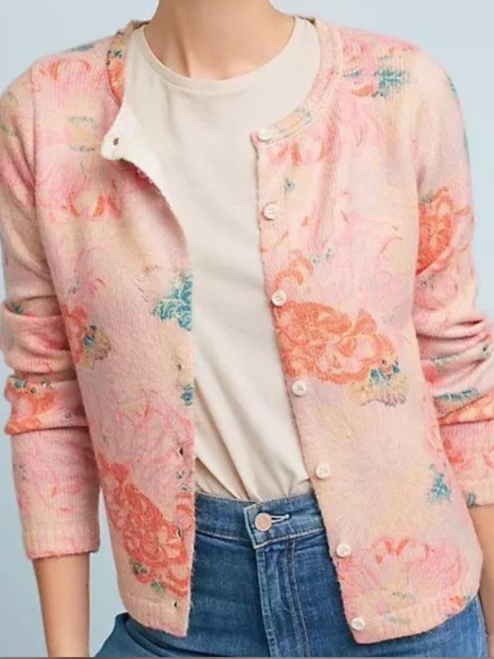 Anthropologie Postmarks Cream Pink Floral Intarsia
Cardigan Sweater XS